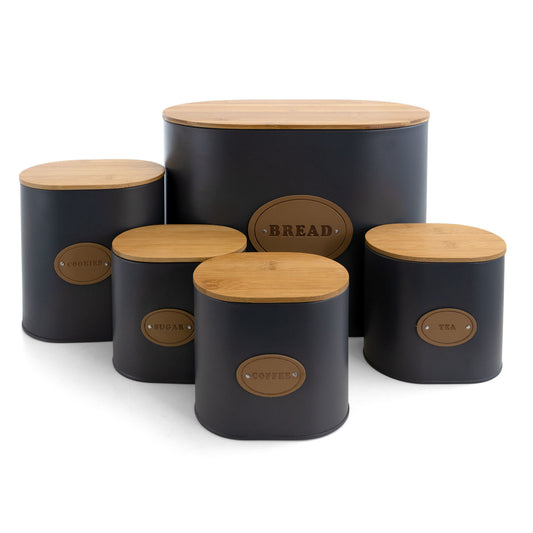 MegaChef Kitchen Food Storage and Organization 5 Piece Canister Set in Grey with Bamboo Lids-0
